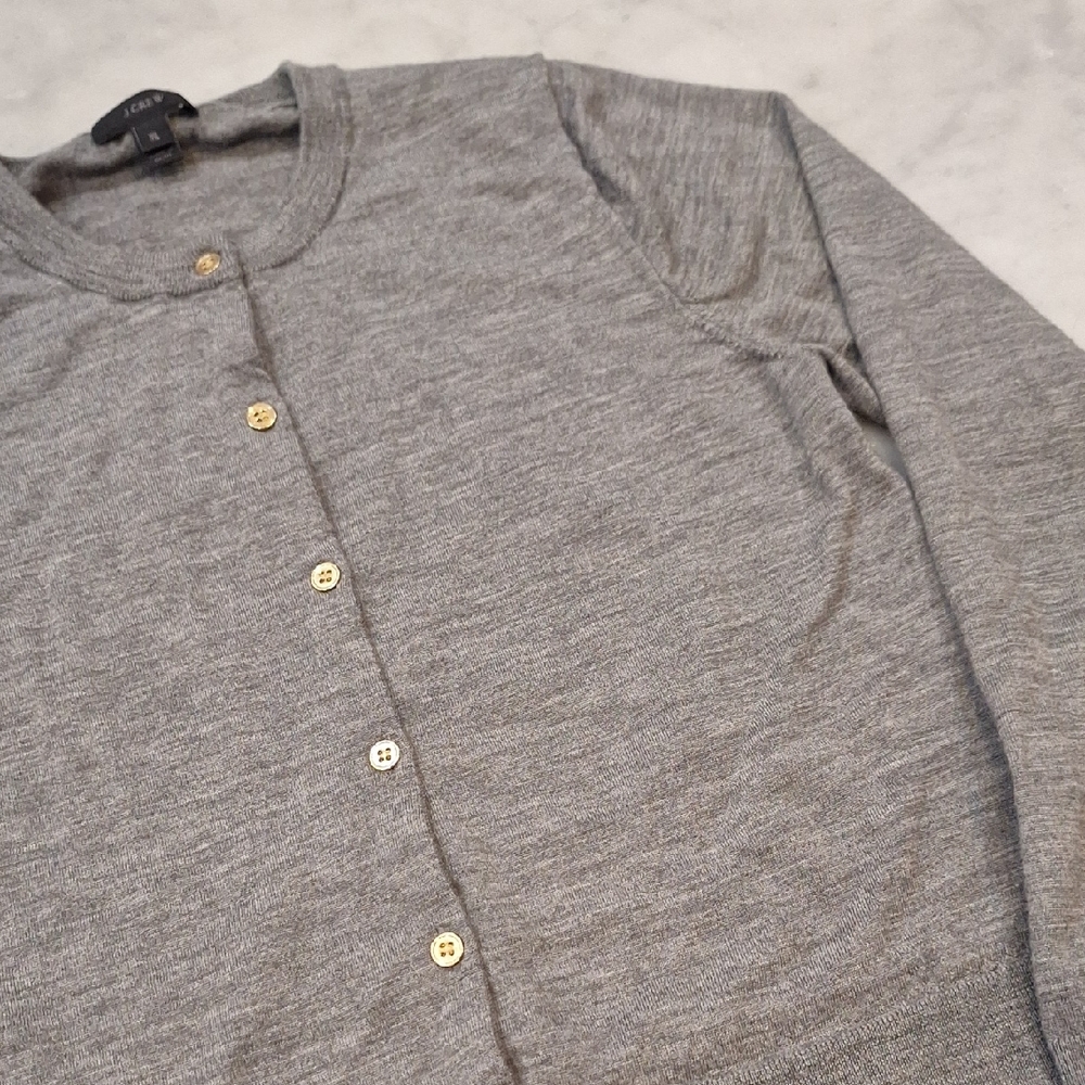 J Crew Merino Wool Gray Cardigan Sweater Gold Buttons Youth XL = Wom‎ Small Soft
